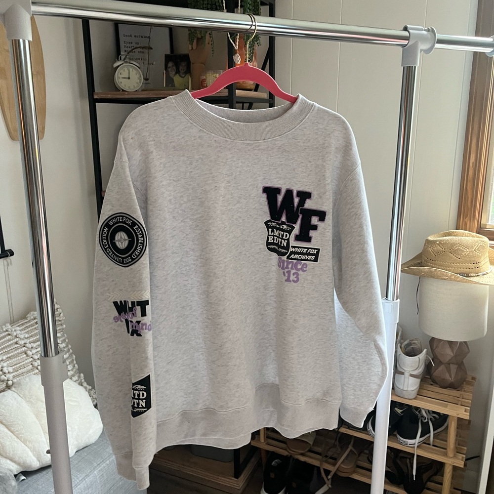 White Fox Boutique Gray Sweatshirt with Black and Purple Accents